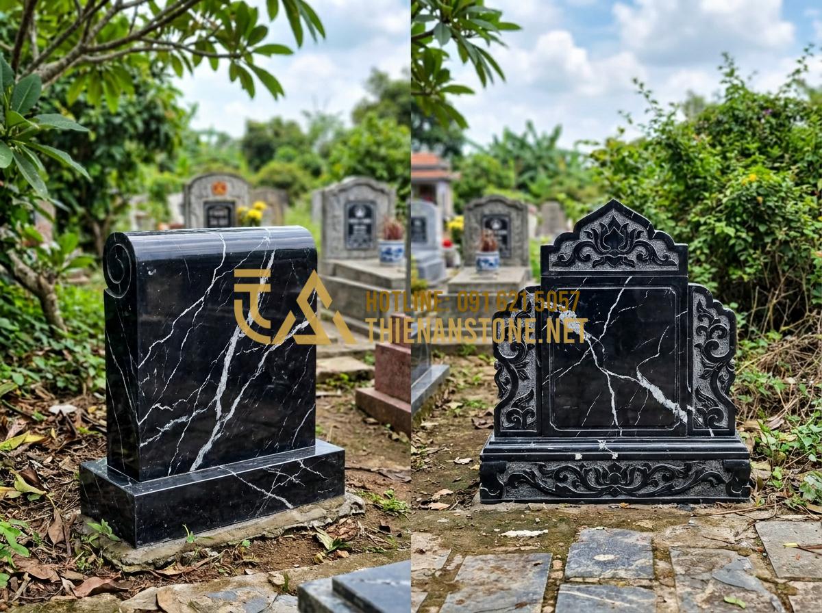 Nên Chọn Cuốn Thư Đá Vuông Hay Cuốn Thư Bình Phong Cho Khu Mộ Gia Đình? - Side by side comparison photo of square stone scroll versus binh phong screen st