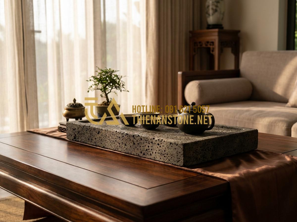Nên Chọn Khay Trà Đá Hay Khay Trà Gỗ? Phân Tích Từ Chuyên Gia - Hình 11 Nên Chọn Khay Trà Đá Hay Khay Trà Gỗ? Phân Tích Từ Chuyên Gia - Sophisticated natural stone tea tray in a luxury villa interior, paired with hig