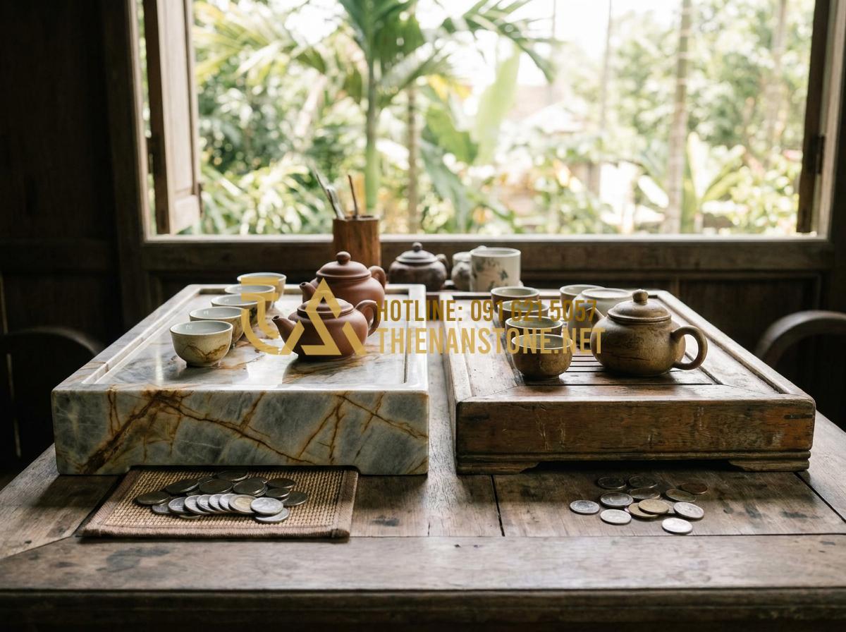 Nên Chọn Khay Trà Đá Hay Khay Trà Gỗ? Phân Tích Từ Chuyên Gia - Hình 17 Nên Chọn Khay Trà Đá Hay Khay Trà Gỗ? Phân Tích Từ Chuyên Gia - Cost comparison chart visualization with stone and wood tea trays, highlighting