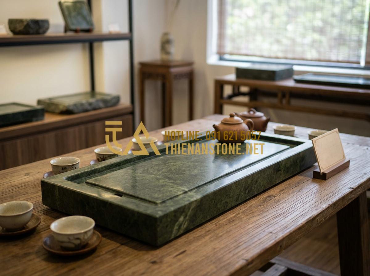 Nên Chọn Khay Trà Đá Hay Khay Trà Gỗ? Phân Tích Từ Chuyên Gia - Hình 18 Nên Chọn Khay Trà Đá Hay Khay Trà Gỗ? Phân Tích Từ Chuyên Gia - Premium stone tea tray investment display in a showroom setting, showcasing qual