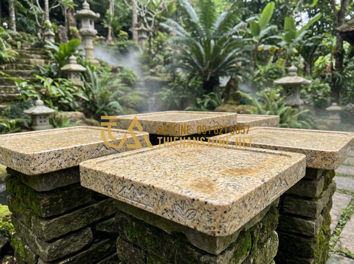 Nên Chọn Khay Trà Đá Hay Khay Trà Gỗ? Phân Tích Từ Chuyên Gia - Hình 20 Nên Chọn Khay Trà Đá Hay Khay Trà Gỗ? Phân Tích Từ Chuyên Gia - Beautifully finished stone tea trays ready for installation in luxury landscape