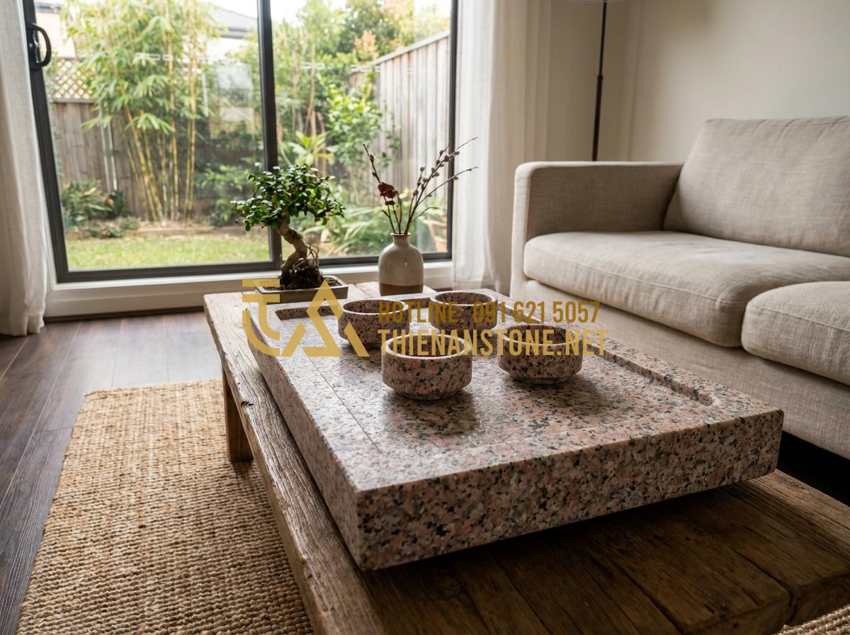 Nên Chọn Khay Trà Đá Hay Khay Trà Gỗ? Phân Tích Từ Chuyên Gia - Hình 6 Nên Chọn Khay Trà Đá Hay Khay Trà Gỗ? Phân Tích Từ Chuyên Gia - Elegant stone tea tray set with matching teacups arranged artistically in a mini