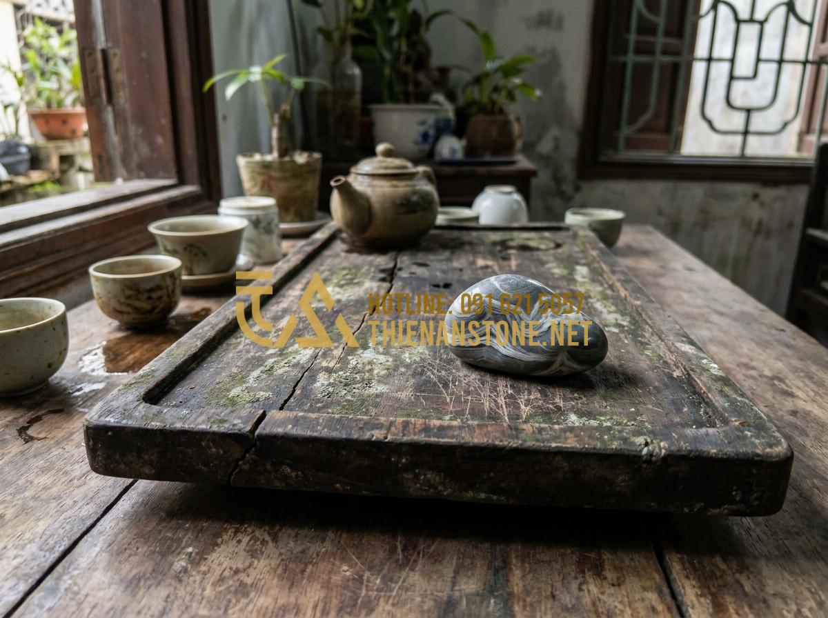 Nên Chọn Khay Trà Đá Hay Khay Trà Gỗ? Phân Tích Từ Chuyên Gia - Hình 8 Nên Chọn Khay Trà Đá Hay Khay Trà Gỗ? Phân Tích Từ Chuyên Gia - Damaged wooden tea tray with mold spots and scratches, illustrating common long-