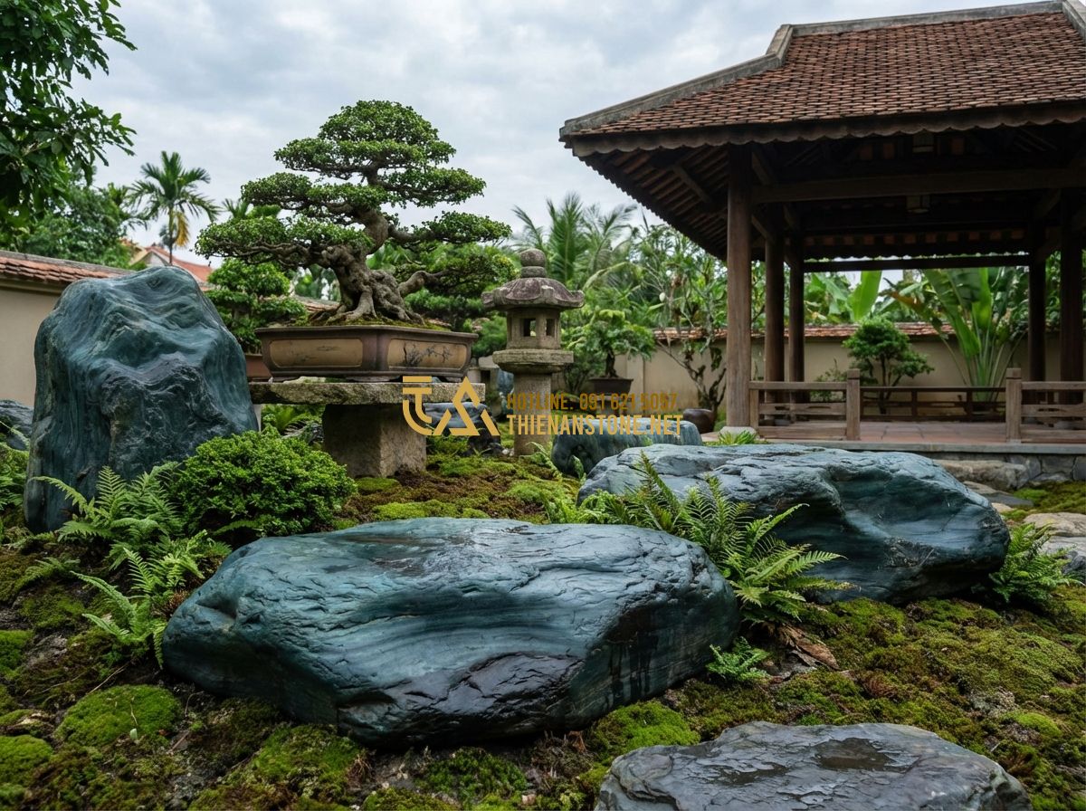 Nên Mua Đá Xanh Nhật Bản Ở Đâu? Địa Chỉ Uy Tín Và Kinh Nghiệm Tránh Hàng Kém Chất Lượng - Hình 1 Nên Mua Đá Xanh Nhật Bản Ở Đâu? Địa Chỉ Uy Tín Và Kinh Nghiệm Tránh Hàng Kém Chất Lượng - Tạo ảnh tiếng Anh: A high-end Japanese Zen garden featuring authentic deep blue-