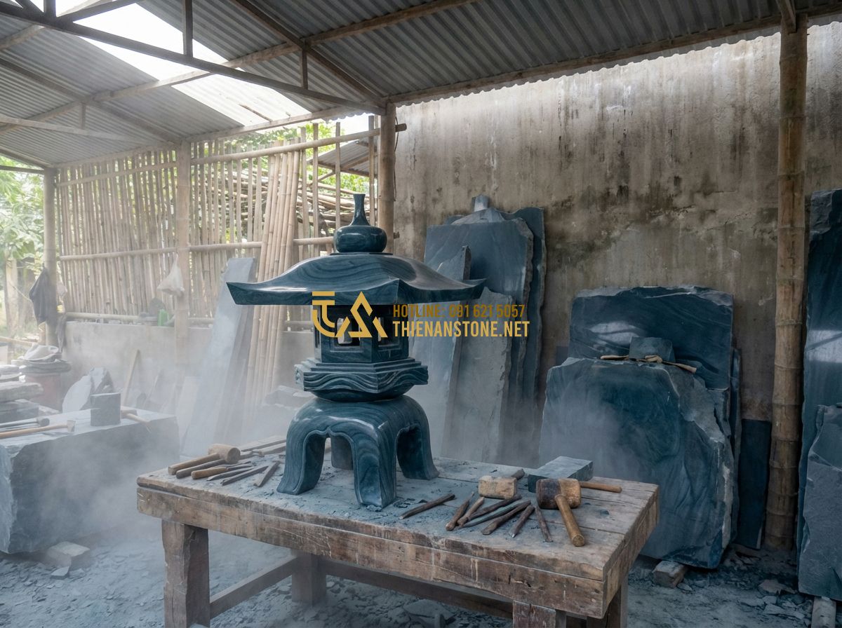 Nên Mua Đá Xanh Nhật Bản Ở Đâu? Địa Chỉ Uy Tín Và Kinh Nghiệm Tránh Hàng Kém Chất Lượng - Hình 4 Nên Mua Đá Xanh Nhật Bản Ở Đâu? Địa Chỉ Uy Tín Và Kinh Nghiệm Tránh Hàng Kém Chất Lượng - Tạo ảnh tiếng Anh: A professional stone masonry workshop at Thien An Stone, skil