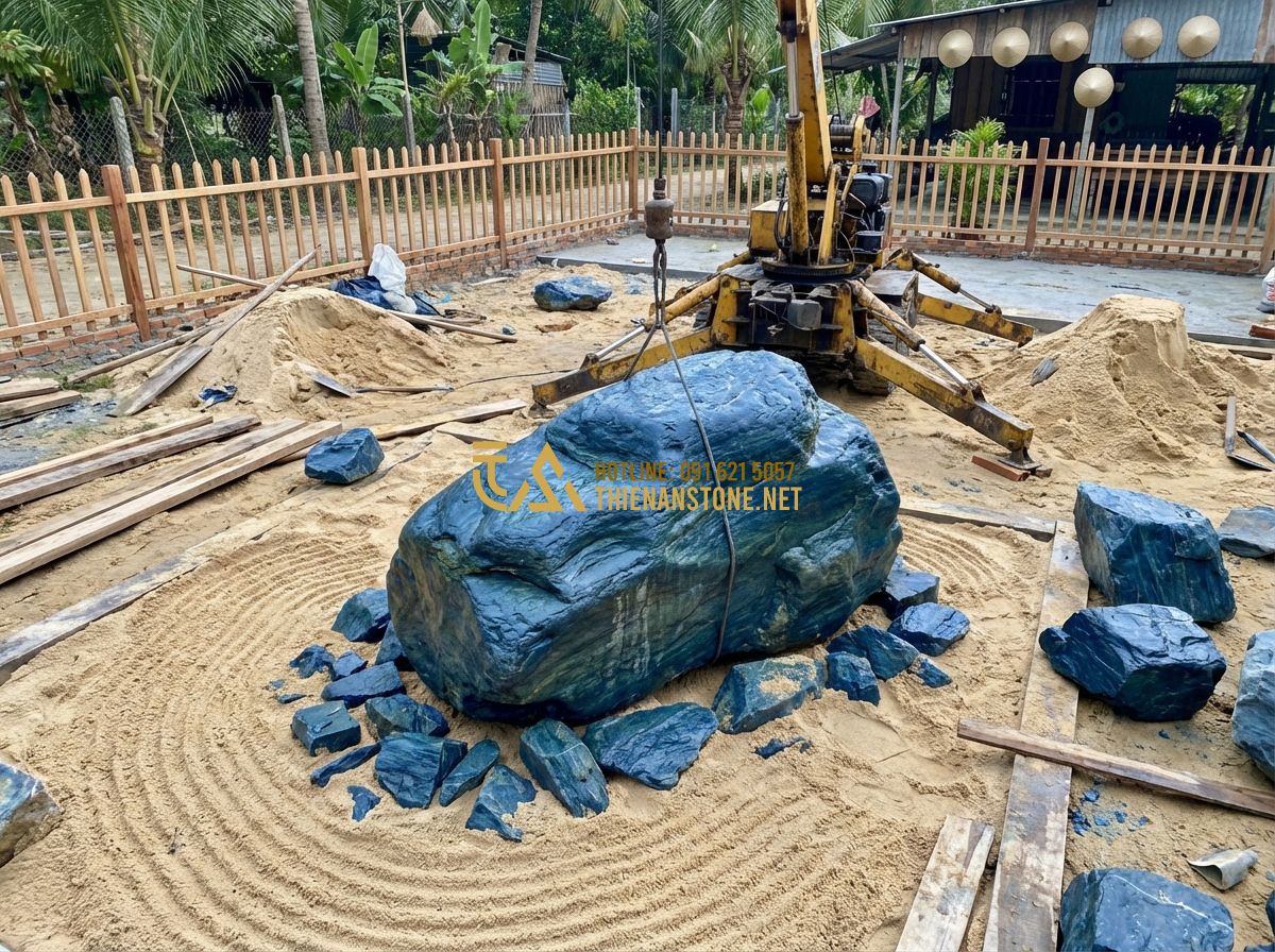Nên Mua Đá Xanh Nhật Bản Ở Đâu? Địa Chỉ Uy Tín Và Kinh Nghiệm Tránh Hàng Kém Chất Lượng - Hình 6 Nên Mua Đá Xanh Nhật Bản Ở Đâu? Địa Chỉ Uy Tín Và Kinh Nghiệm Tránh Hàng Kém Chất Lượng - Tạo ảnh tiếng Anh: Construction phase of a Zen garden, workers using a small cra