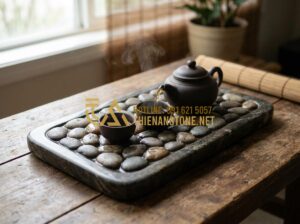 Nghệ Thuật Chơi Khay Trà Đá Cuội: Vẻ Đẹp Thô Mộc Từ Thiên Nhiên - Close-up view of a natural river pebble stone tea tray with smooth rounded stone