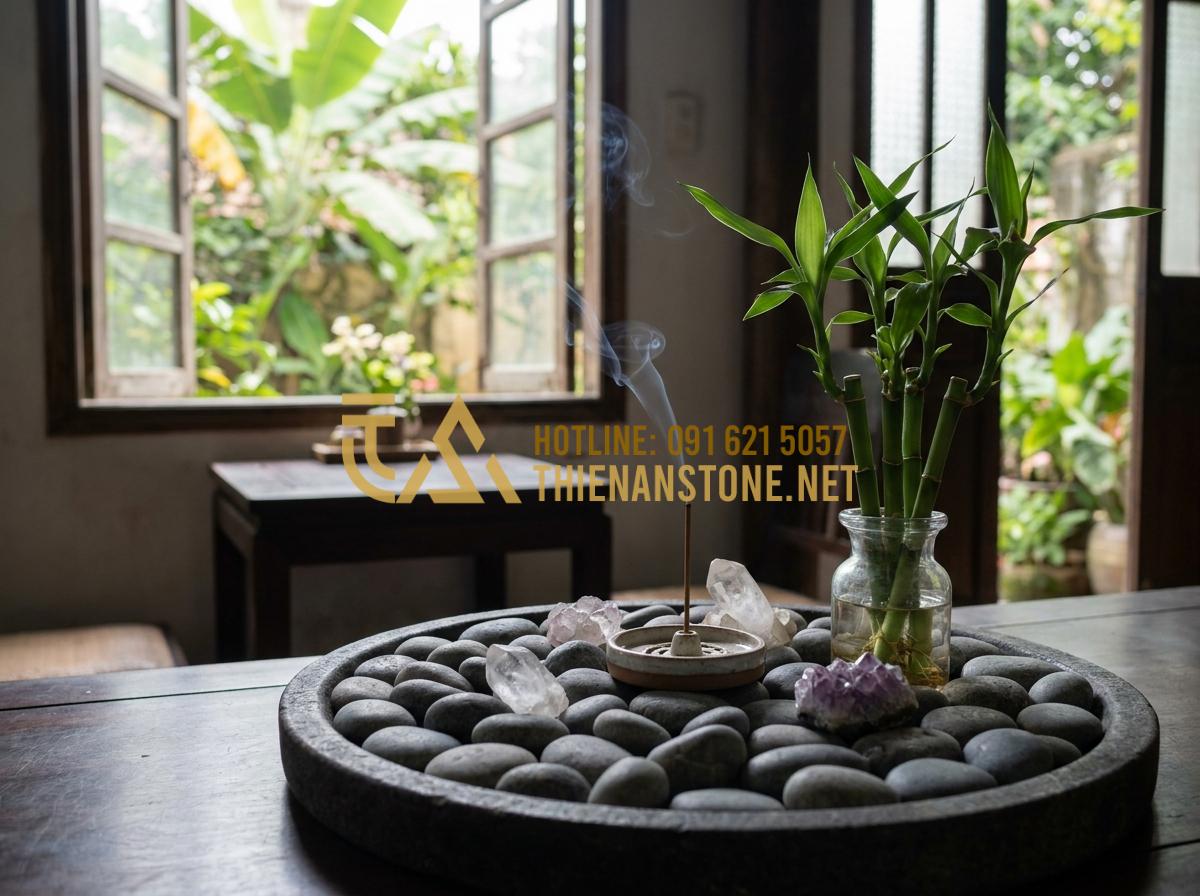 Nghệ Thuật Chơi Khay Trà Đá Cuội: Vẻ Đẹp Thô Mộc Từ Thiên Nhiên - Harmonious zen corner with pebble stone tray, crystals, incense and lucky bamboo