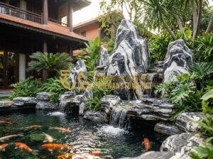 Nghệ thuật thiết kế hòn non bộ đá Tuyết Sơn: Đẳng cấp sân vườn biệt thự - Luxurious white snow mountain stone rockery featuring natural cascading waterfal