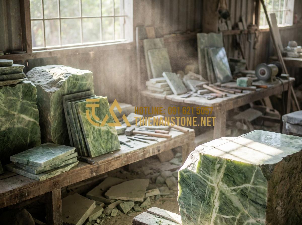 Nghệ thuật thưởng trà với các mẫu bàn trà đạo bằng đá tinh xảo - Hình 3 Nghệ thuật thưởng trà với các mẫu bàn trà đạo bằng đá tinh xảo - Tạo ảnh tiếng Anh: Skilled artisans working in a stone carving workshop, selecti