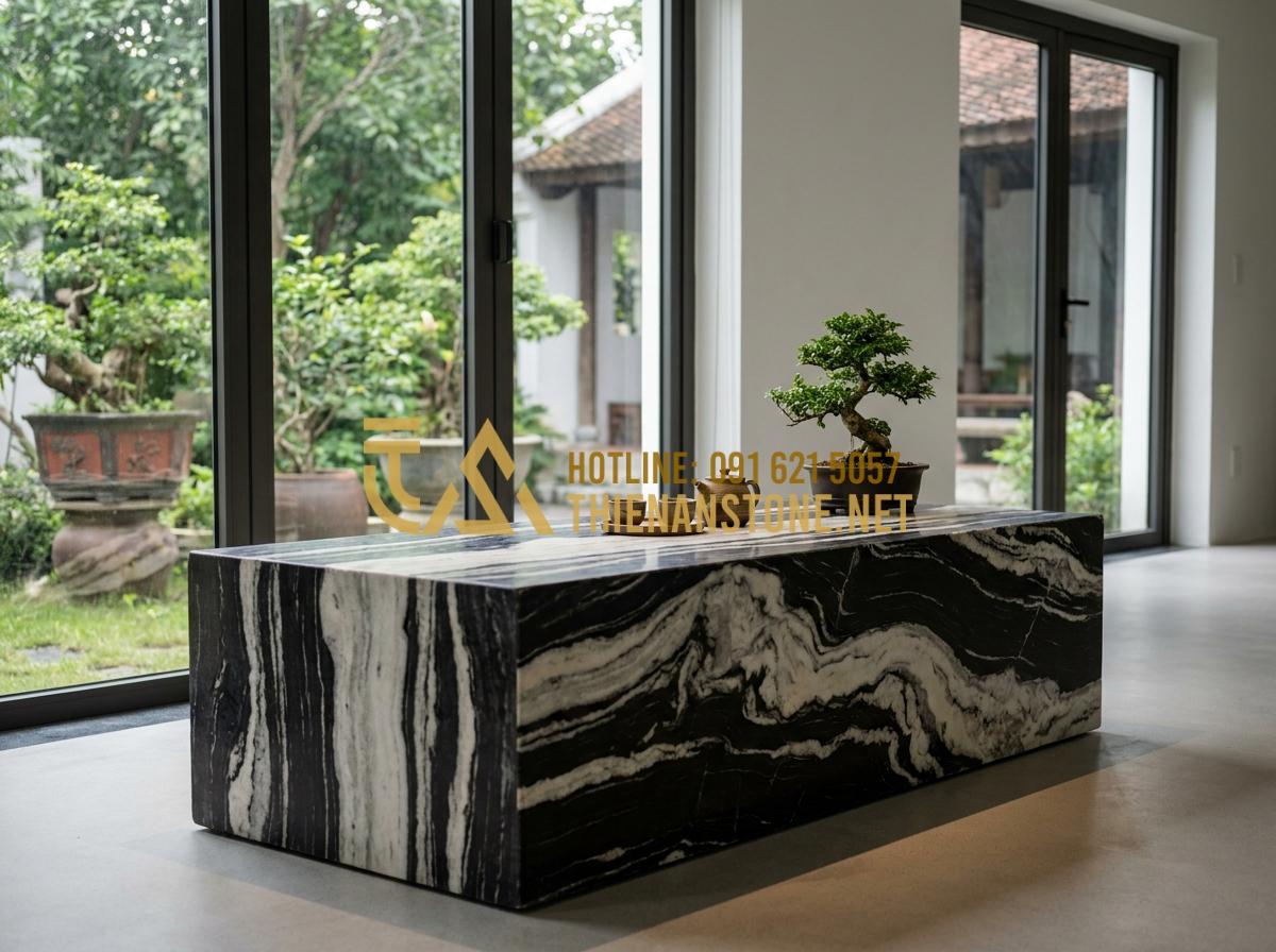 Nghệ thuật thưởng trà với các mẫu bàn trà đạo bằng đá tinh xảo - Hình 4 Nghệ thuật thưởng trà với các mẫu bàn trà đạo bằng đá tinh xảo - Tạo ảnh tiếng Anh: A minimalist Zen style stone tea table in a clean, modern roo