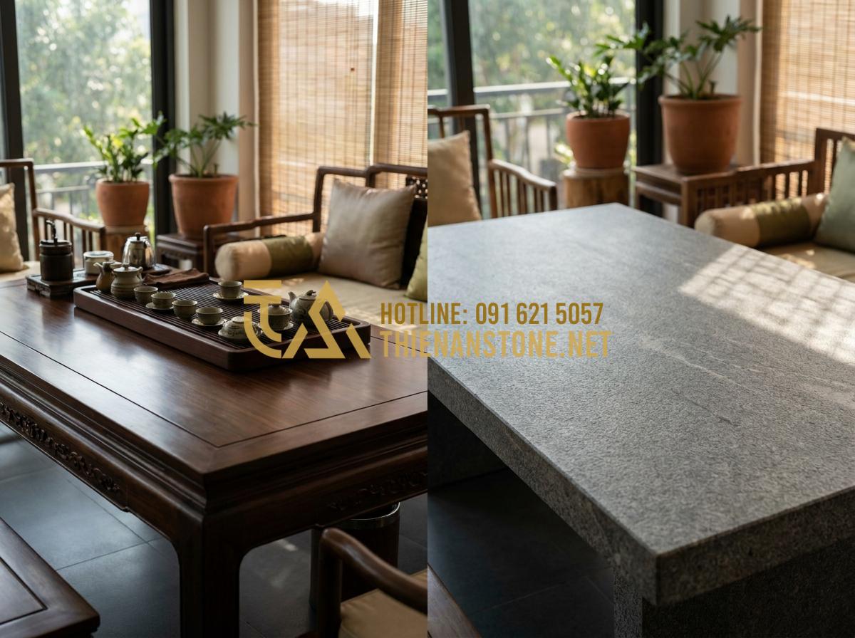 Nghệ thuật thưởng trà với các mẫu bàn trà đạo bằng đá tinh xảo - Hình 7 Nghệ thuật thưởng trà với các mẫu bàn trà đạo bằng đá tinh xảo - Tạo ảnh tiếng Anh: Side by side comparison of a wooden tea table and a natural s