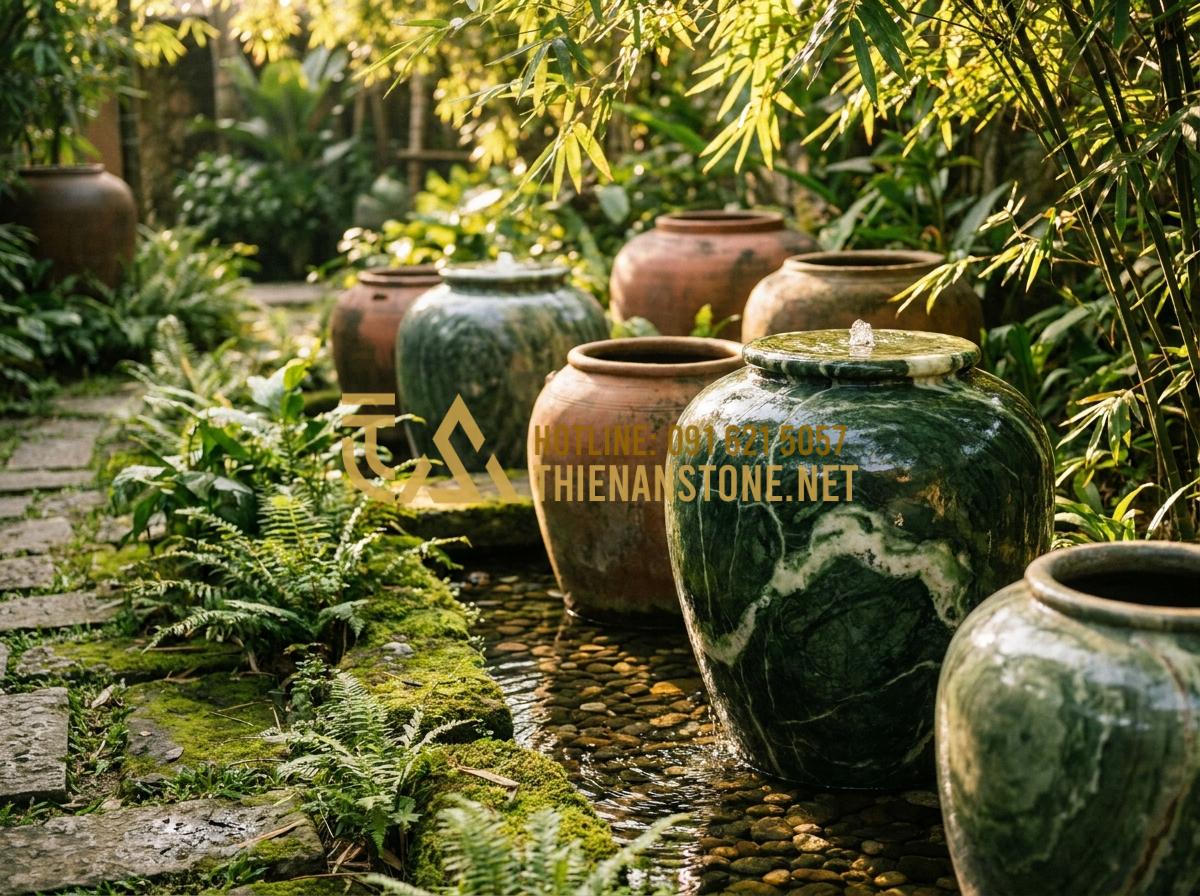 Nghệ thuật trang trí lu nước: Từ vẻ đẹp 'lu đựng nước xưa' đến phong cách hiện đại - Hình 1 Nghệ thuật trang trí lu nước: Từ vẻ đẹp 'lu đựng nước xưa' đến phong cách hiện đại - Tạo ảnh tiếng Anh: A nostalgic and artistic scene of traditional Vietnamese wate