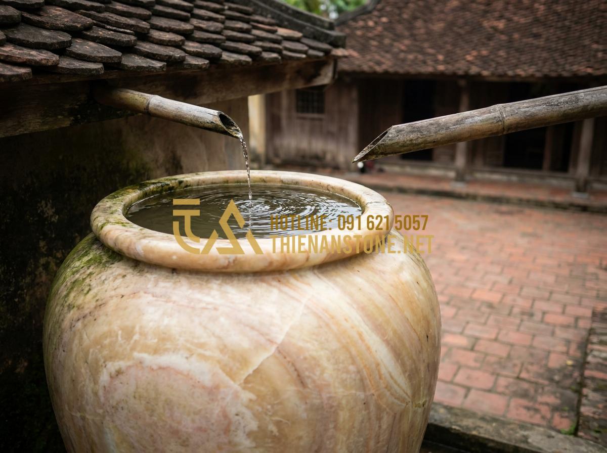 Nghệ thuật trang trí lu nước: Từ vẻ đẹp 'lu đựng nước xưa' đến phong cách hiện đại - Hình 2 Nghệ thuật trang trí lu nước: Từ vẻ đẹp 'lu đựng nước xưa' đến phong cách hiện đại - Tạo ảnh tiếng Anh: Close-up of an ancient-style stone water jar with moss growin