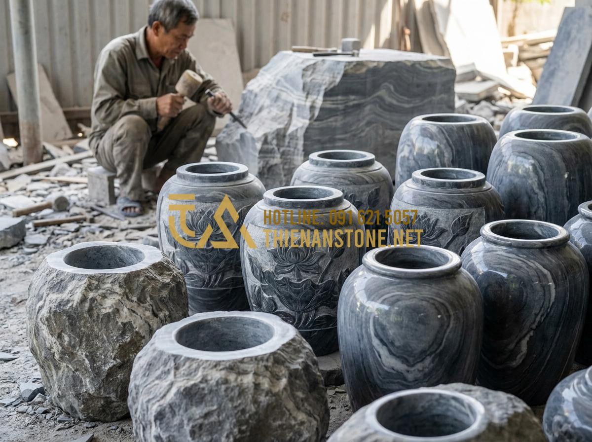 Nghệ thuật trang trí lu nước: Từ vẻ đẹp 'lu đựng nước xưa' đến phong cách hiện đại - Hình 4 Nghệ thuật trang trí lu nước: Từ vẻ đẹp 'lu đựng nước xưa' đến phong cách hiện đại - Tạo ảnh tiếng Anh: A collection of various natural stone water jars (lu đá) disp