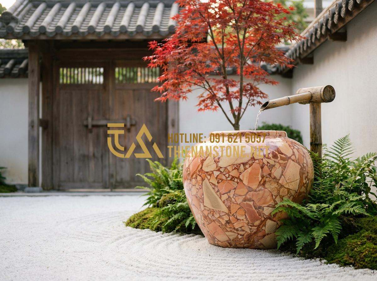 Nghệ thuật trang trí lu nước: Từ vẻ đẹp 'lu đựng nước xưa' đến phong cách hiện đại - Hình 5 Nghệ thuật trang trí lu nước: Từ vẻ đẹp 'lu đựng nước xưa' đến phong cách hiện đại - Tạo ảnh tiếng Anh: A Zen-style courtyard featuring a stone water jar placed acco
