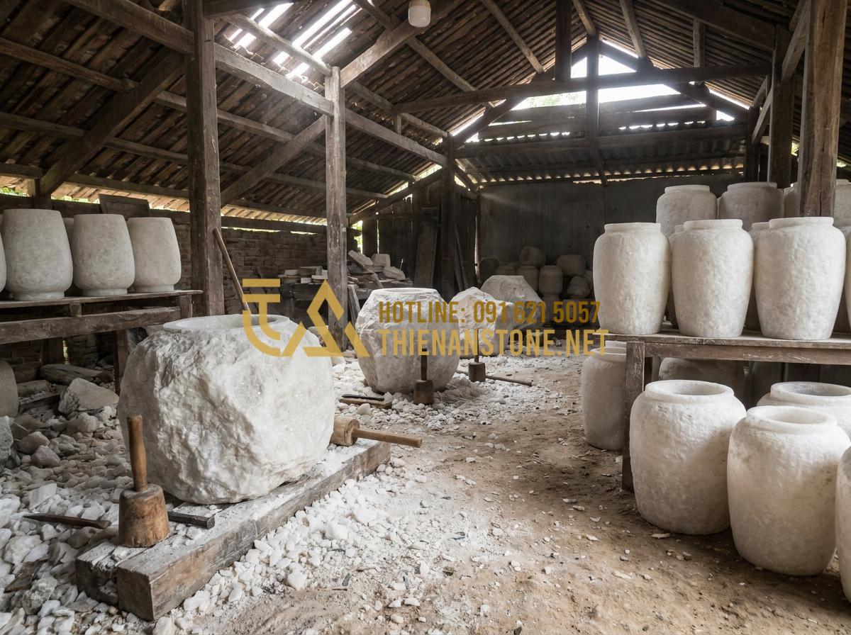 Nghệ thuật trang trí lu nước: Từ vẻ đẹp 'lu đựng nước xưa' đến phong cách hiện đại - Hình 7 Nghệ thuật trang trí lu nước: Từ vẻ đẹp 'lu đựng nước xưa' đến phong cách hiện đại - Tạo ảnh tiếng Anh: Inside a traditional stone carving workshop in Phu Tho, Vietn