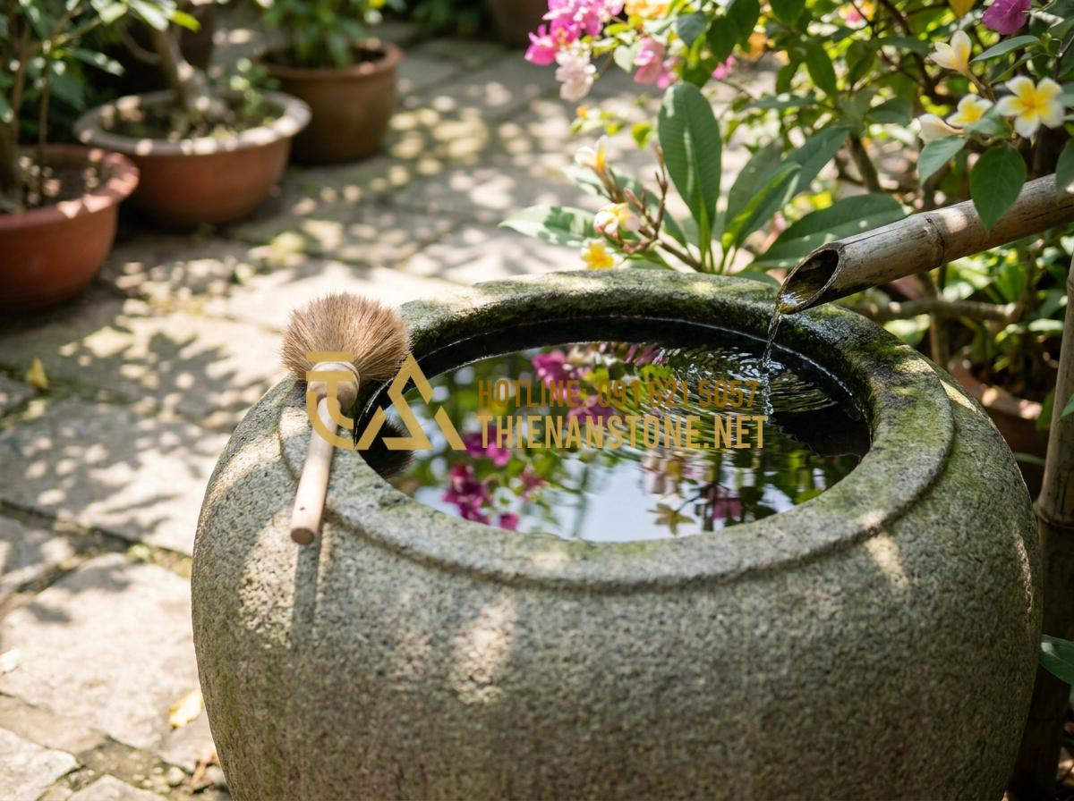 Nghệ thuật trang trí lu nước: Từ vẻ đẹp 'lu đựng nước xưa' đến phong cách hiện đại - Hình 8 Nghệ thuật trang trí lu nước: Từ vẻ đẹp 'lu đựng nước xưa' đến phong cách hiện đại - Tạo ảnh tiếng Anh: A homeowner gently cleaning a beautiful stone water jar in a