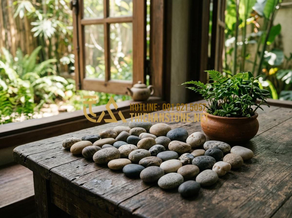 Nguyên liệu làm tranh đá cuội gồm những gì? Tư vấn chọn màu và khung tranh - Tạo ảnh tiếng Anh: A professional close-up shot of a variety of natural river an