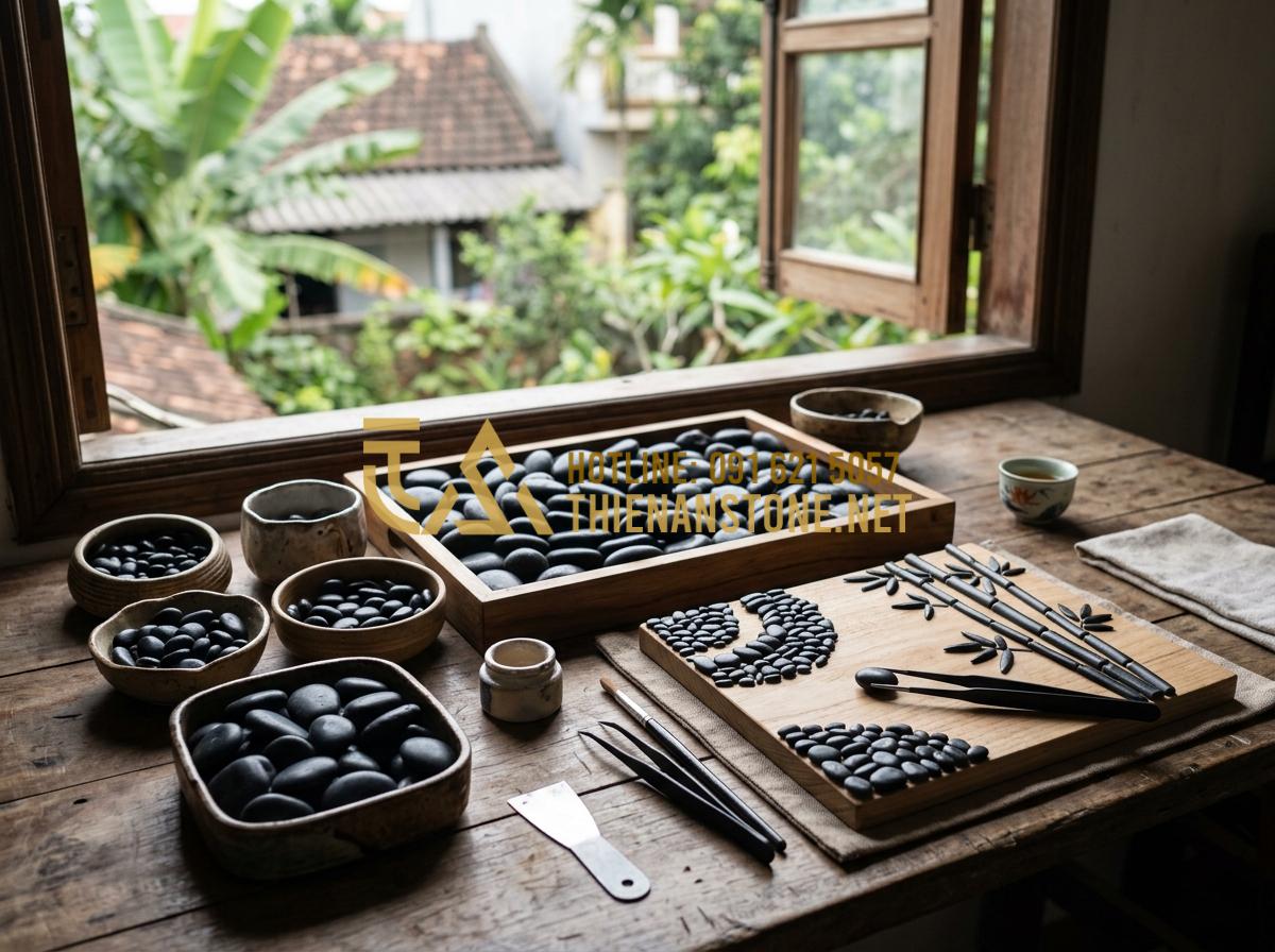 Nguyên liệu làm tranh đá cuội gồm những gì? Tư vấn chọn màu và khung tranh - Tạo ảnh tiếng Anh: A detailed workspace of a pebble artist. On a clean wooden de