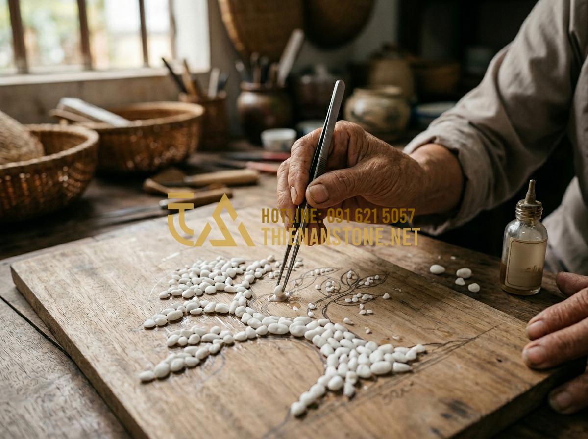 Nguyên liệu làm tranh đá cuội gồm những gì? Tư vấn chọn màu và khung tranh - Tạo ảnh tiếng Anh: A close-up view of a person's hands using long metal tweezers