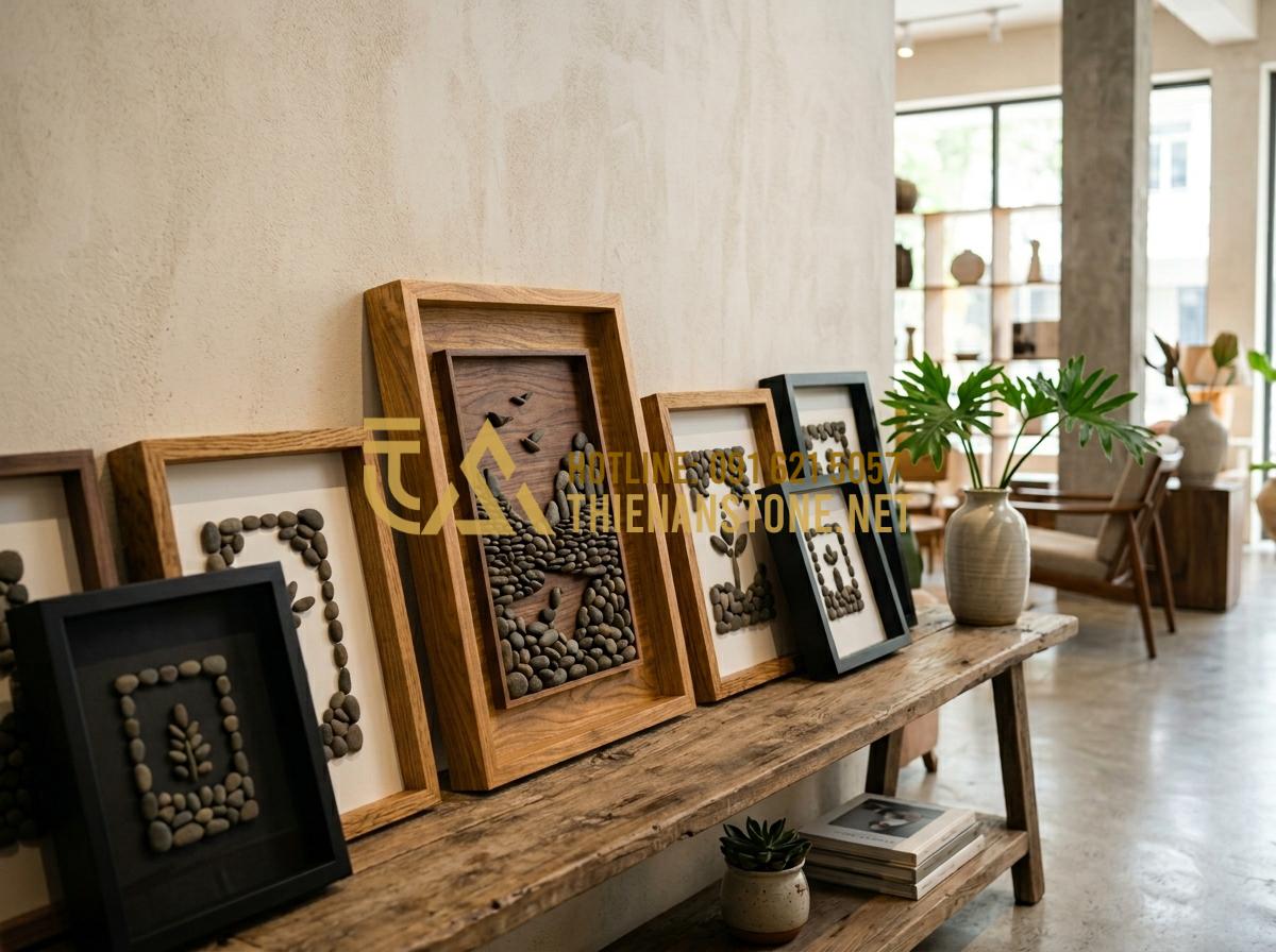 Nguyên liệu làm tranh đá cuội gồm những gì? Tư vấn chọn màu và khung tranh - Tạo ảnh tiếng Anh: A collection of high-quality picture frames leaning against a