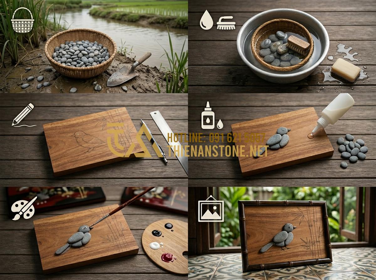 Nguyên liệu làm tranh đá cuội gồm những gì? Tư vấn chọn màu và khung tranh - Tạo ảnh tiếng Anh: An infographic-style image showing the step-by-step process o
