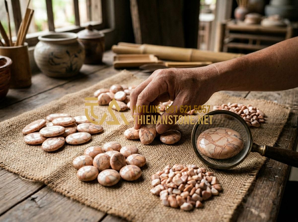 Nguyên liệu làm tranh đá cuội: Hướng dẫn tự làm tranh đá mini tại nhà - Hình 3 Nguyên liệu làm tranh đá cuội: Hướng dẫn tự làm tranh đá mini tại nhà - Tạo ảnh tiếng Anh: A close-up of a craftsman's hand sorting pebbles. The stones