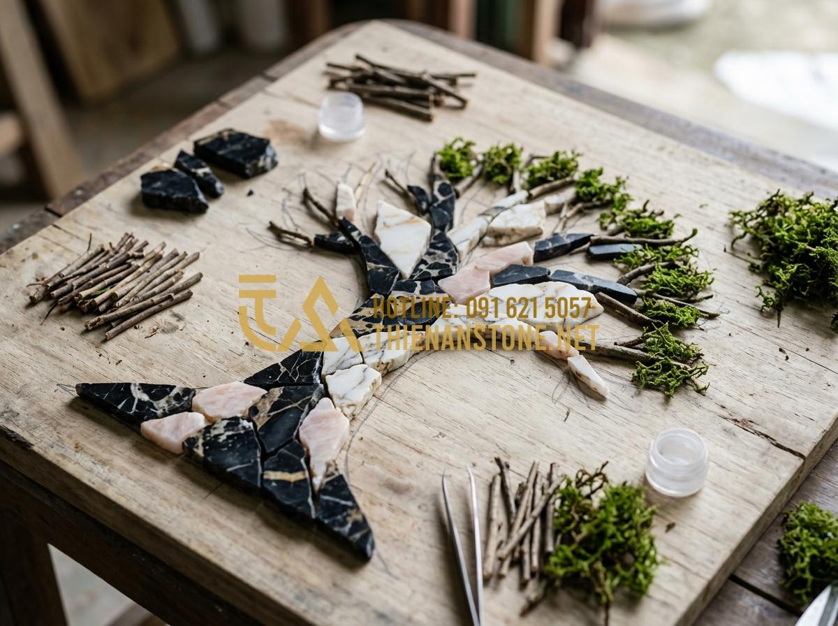 Nguyên liệu làm tranh đá cuội: Hướng dẫn tự làm tranh đá mini tại nhà - Hình 4 Nguyên liệu làm tranh đá cuội: Hướng dẫn tự làm tranh đá mini tại nhà - Tạo ảnh tiếng Anh: A step-by-step photography of pebble art creation. A person i