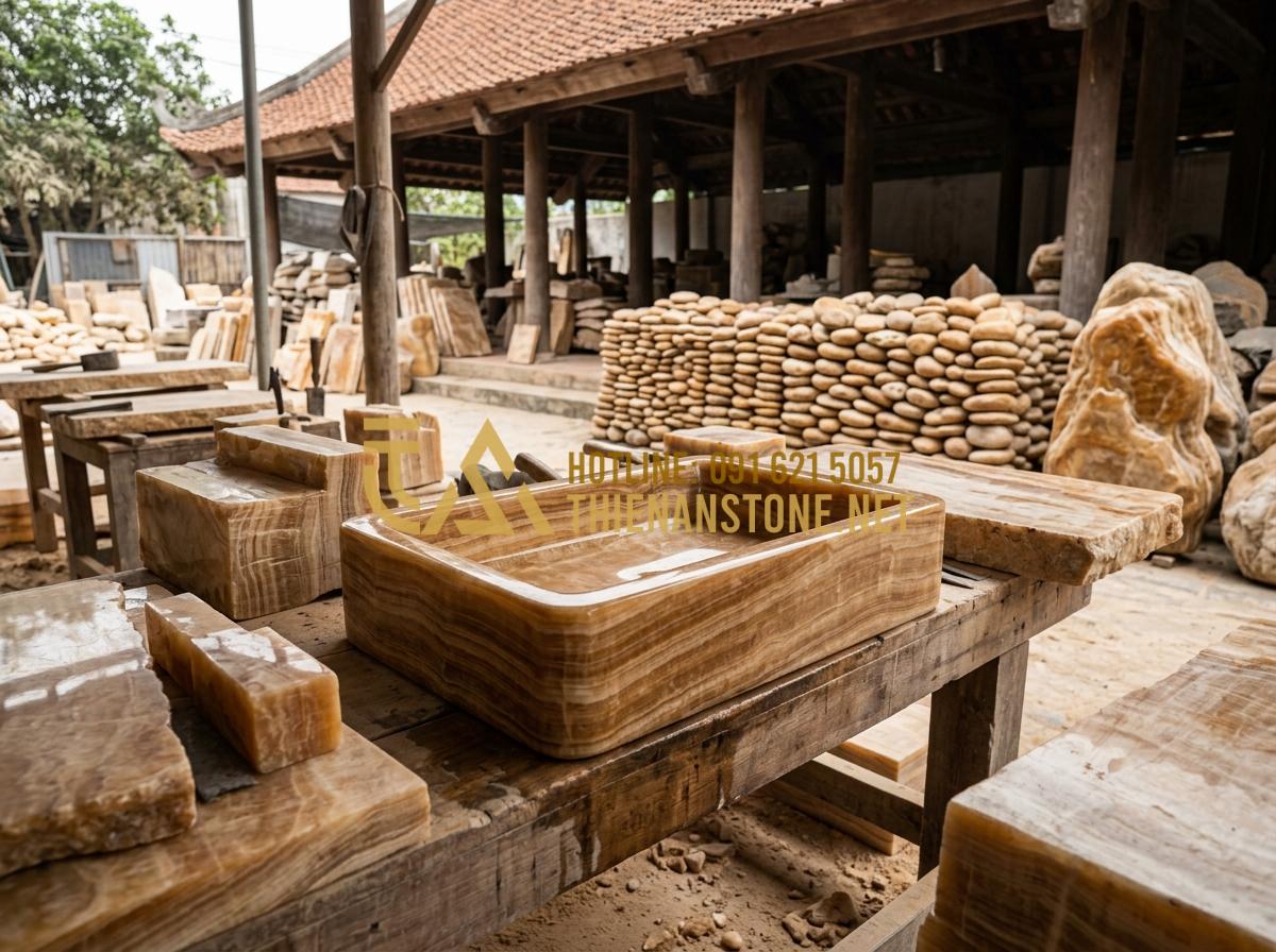 Nguyên liệu làm tranh đá cuội: Hướng dẫn tự làm tranh đá mini tại nhà - Hình 7 Nguyên liệu làm tranh đá cuội: Hướng dẫn tự làm tranh đá mini tại nhà - Tạo ảnh tiếng Anh: A wide shot of Thien An Stone workshop in Phu Tho, Vietnam. S