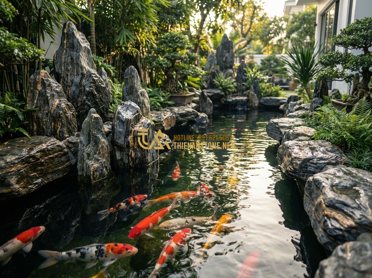 Nhận Thi Công Hồ Cá Koi Trọn Gói - Những Điều Cần Biết Trước Khi Ký Hợp Đồng - Hình 1 Nhận Thi Công Hồ Cá Koi Trọn Gói - Những Điều Cần Biết Trước Khi Ký Hợp Đồng - Tạo ảnh tiếng Anh: A serene and luxurious outdoor Koi pond integrated into a mod