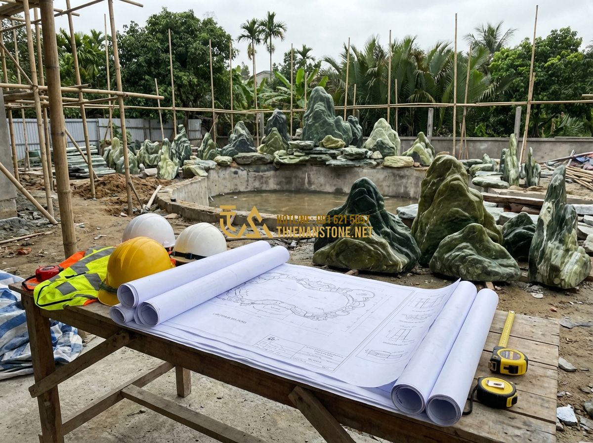Nhận Thi Công Hồ Cá Koi Trọn Gói - Những Điều Cần Biết Trước Khi Ký Hợp Đồng - Hình 3 Nhận Thi Công Hồ Cá Koi Trọn Gói - Những Điều Cần Biết Trước Khi Ký Hợp Đồng - Tạo ảnh tiếng Anh: A group of professional landscape architects and engineers re