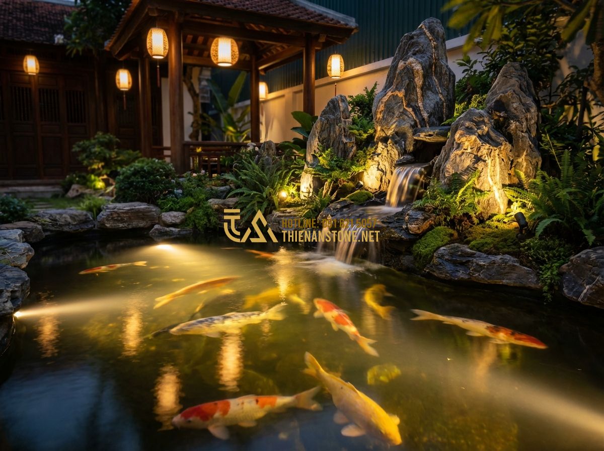 Nhận Thi Công Hồ Cá Koi Trọn Gói - Những Điều Cần Biết Trước Khi Ký Hợp Đồng - Hình 4 Nhận Thi Công Hồ Cá Koi Trọn Gói - Những Điều Cần Biết Trước Khi Ký Hợp Đồng - Tạo ảnh tiếng Anh: Magical night view of a Koi pond with professional underwater