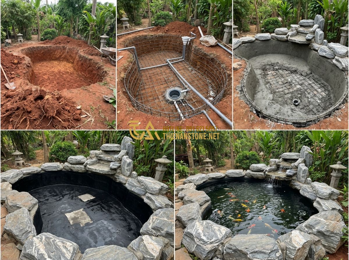 Nhận Thi Công Hồ Cá Koi Trọn Gói - Những Điều Cần Biết Trước Khi Ký Hợp Đồng - Hình 5 Nhận Thi Công Hồ Cá Koi Trọn Gói - Những Điều Cần Biết Trước Khi Ký Hợp Đồng - Tạo ảnh tiếng Anh: A collage showing the step-by-step construction of a Koi pond