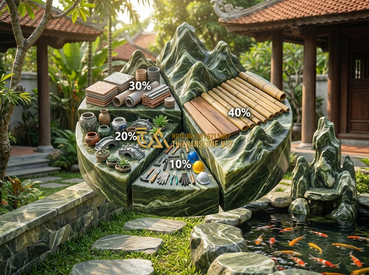 Nhận Thi Công Hồ Cá Koi Trọn Gói - Những Điều Cần Biết Trước Khi Ký Hợp Đồng - Hình 6 Nhận Thi Công Hồ Cá Koi Trọn Gói - Những Điều Cần Biết Trước Khi Ký Hợp Đồng - Tạo ảnh tiếng Anh: A detailed budget breakdown chart or infographic for a Koi po