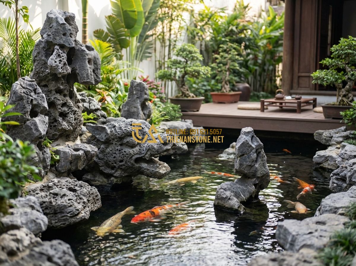Nhận Thi Công Hồ Cá Koi Trọn Gói - Những Điều Cần Biết Trước Khi Ký Hợp Đồng - Hình 7 Nhận Thi Công Hồ Cá Koi Trọn Gói - Những Điều Cần Biết Trước Khi Ký Hợp Đồng - Tạo ảnh tiếng Anh: A customer and a contractor shaking hands in front of a beaut