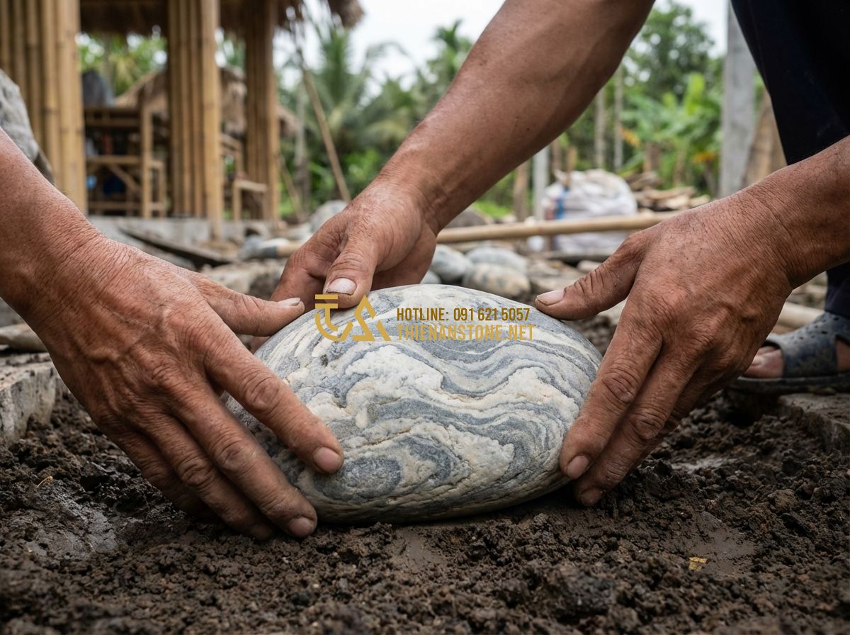Nhận Thi Công Hồ Cá Koi Trọn Gói - Những Điều Cần Biết Trước Khi Ký Hợp Đồng - Hình 8 Nhận Thi Công Hồ Cá Koi Trọn Gói - Những Điều Cần Biết Trước Khi Ký Hợp Đồng - Tạo ảnh tiếng Anh: Close-up of an artist's hands carefully placing a natural sto