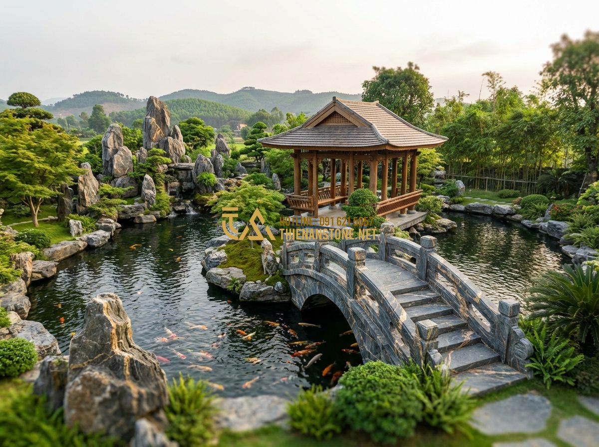 Nhận Thi Công Hồ Cá Koi Trọn Gói - Những Điều Cần Biết Trước Khi Ký Hợp Đồng - Hình 9 Nhận Thi Công Hồ Cá Koi Trọn Gói - Những Điều Cần Biết Trước Khi Ký Hợp Đồng - Tạo ảnh tiếng Anh: A panoramic wide shot of a stunning Japanese-style garden fea