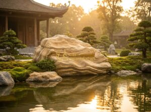 Những Sai Lầm Thường Gặp Khi Bày Đá Cảnh Phong Thủy Trong Sân Vườn - Tạo ảnh tiếng Anh: A serene Zen garden at sunset with a large, naturally shaped