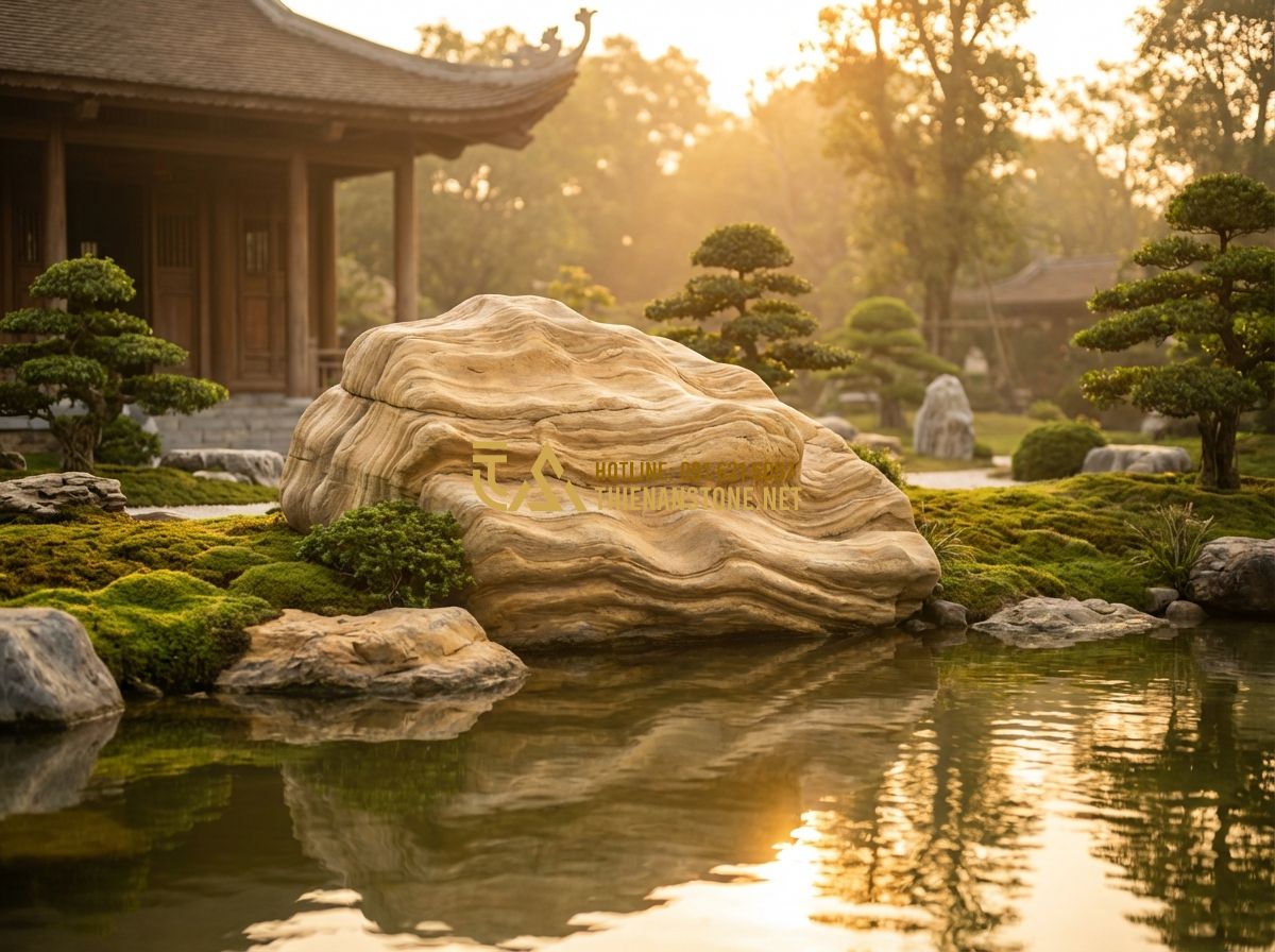 Những Sai Lầm Thường Gặp Khi Bày Đá Cảnh Phong Thủy Trong Sân Vườn - Tạo ảnh tiếng Anh: A serene Zen garden at sunset with a large, naturally shaped