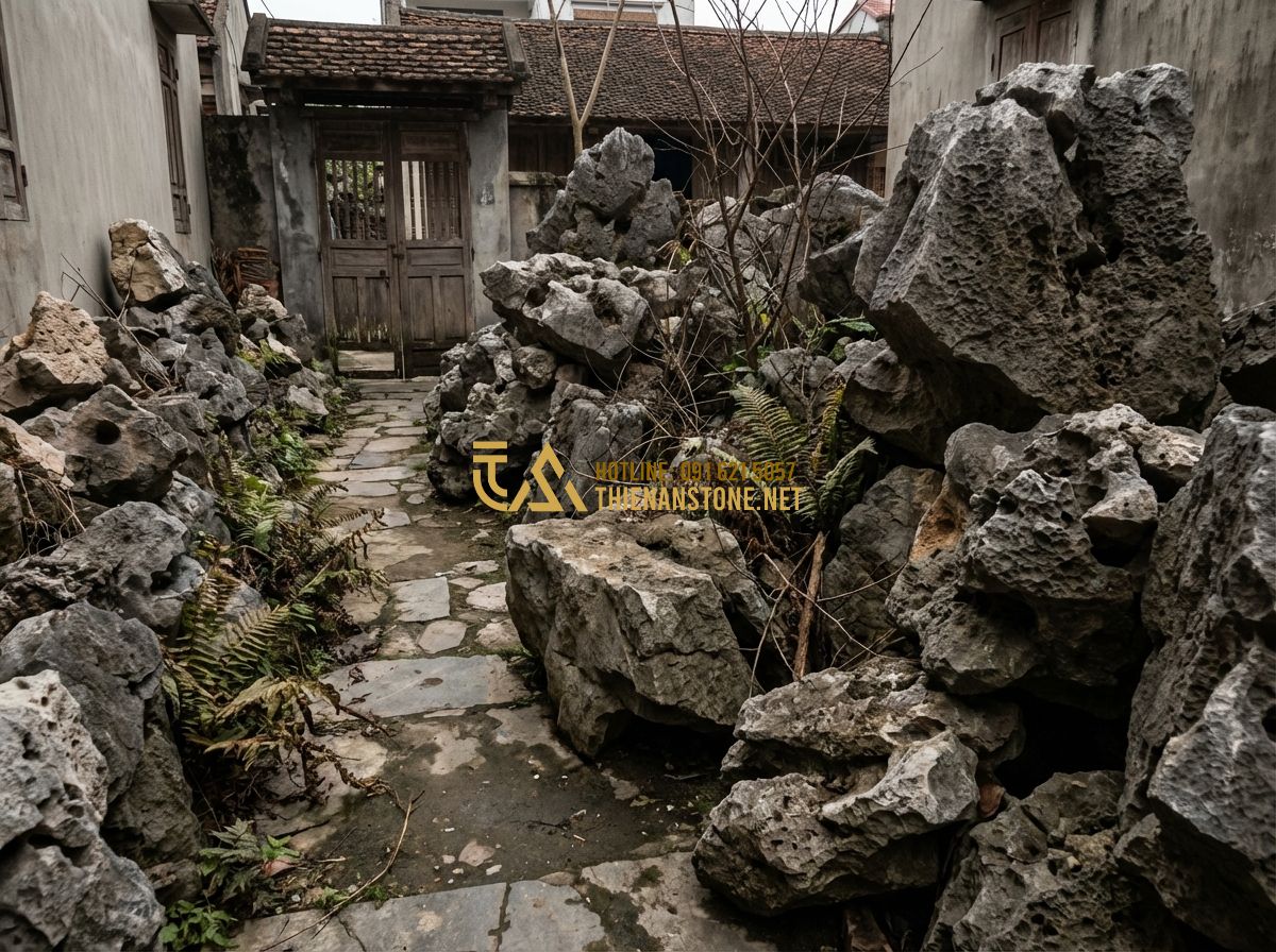 Những Sai Lầm Thường Gặp Khi Bày Đá Cảnh Phong Thủy Trong Sân Vườn - Tạo ảnh tiếng Anh: An over-cluttered garden with too many large stones overlappi