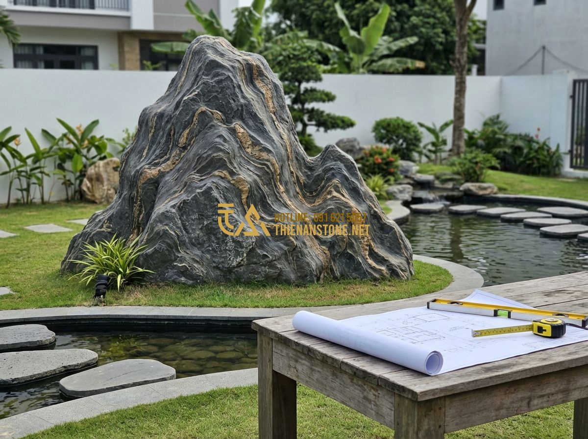 Những Sai Lầm Thường Gặp Khi Bày Đá Cảnh Phong Thủy Trong Sân Vườn - Tạo ảnh tiếng Anh: A professional landscape architect measuring a garden space w