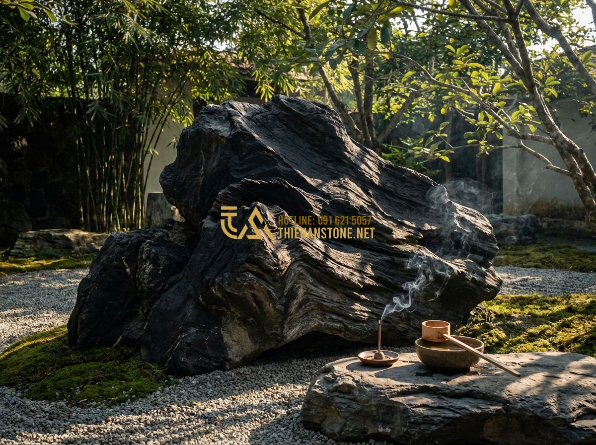 Những Sai Lầm Thường Gặp Khi Bày Đá Cảnh Phong Thủy Trong Sân Vườn - Tạo ảnh tiếng Anh: A person performing a traditional cleansing ritual on a large