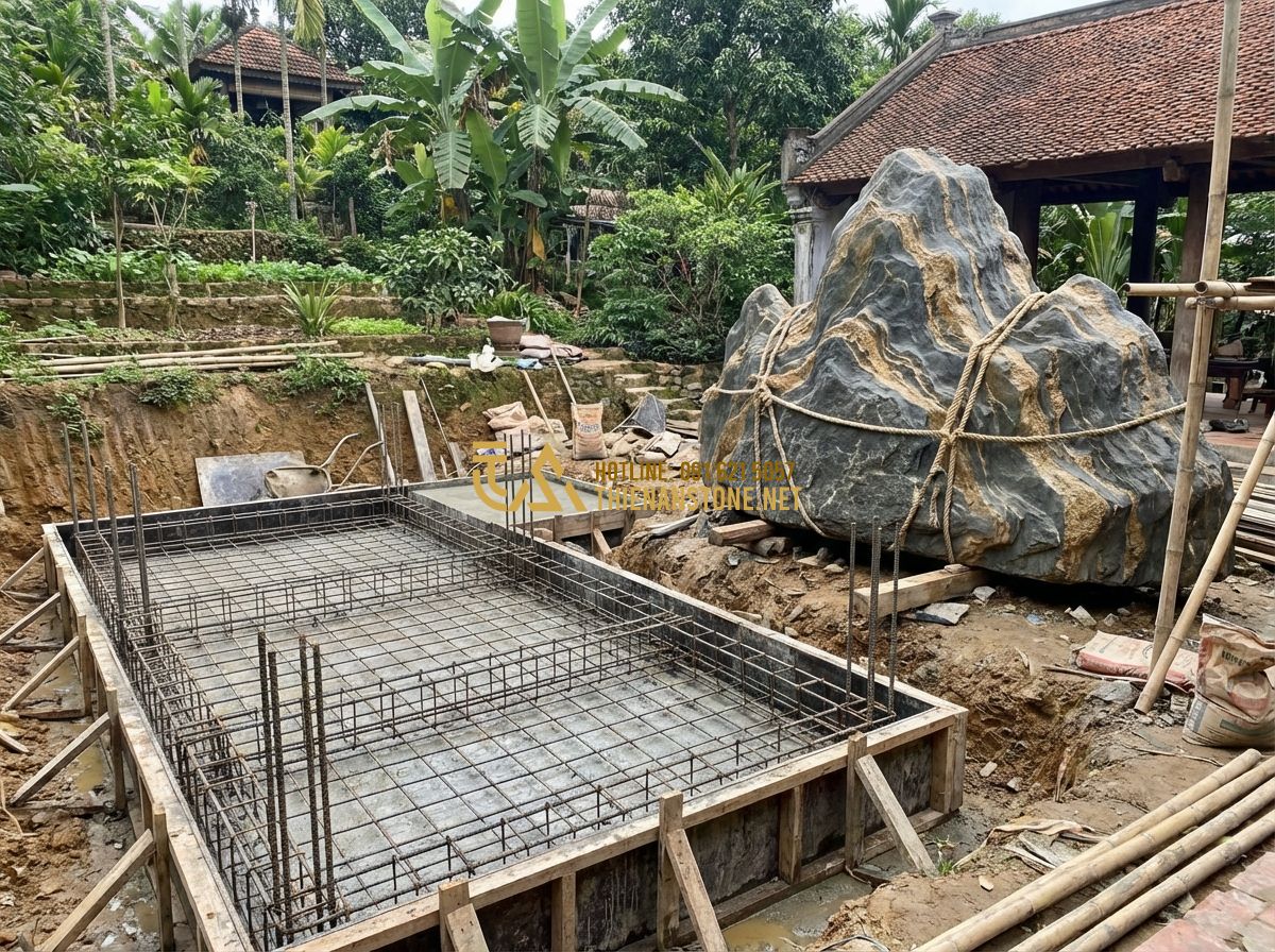 Những Sai Lầm Thường Gặp Khi Bày Đá Cảnh Phong Thủy Trong Sân Vườn - Tạo ảnh tiếng Anh: Construction workers building a solid concrete foundation for