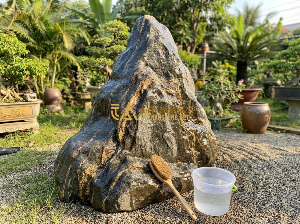 Những Sai Lầm Thường Gặp Khi Bày Đá Cảnh Phong Thủy Trong Sân Vườn - Tạo ảnh tiếng Anh: A homeowner carefully cleaning a beautiful garden stone with