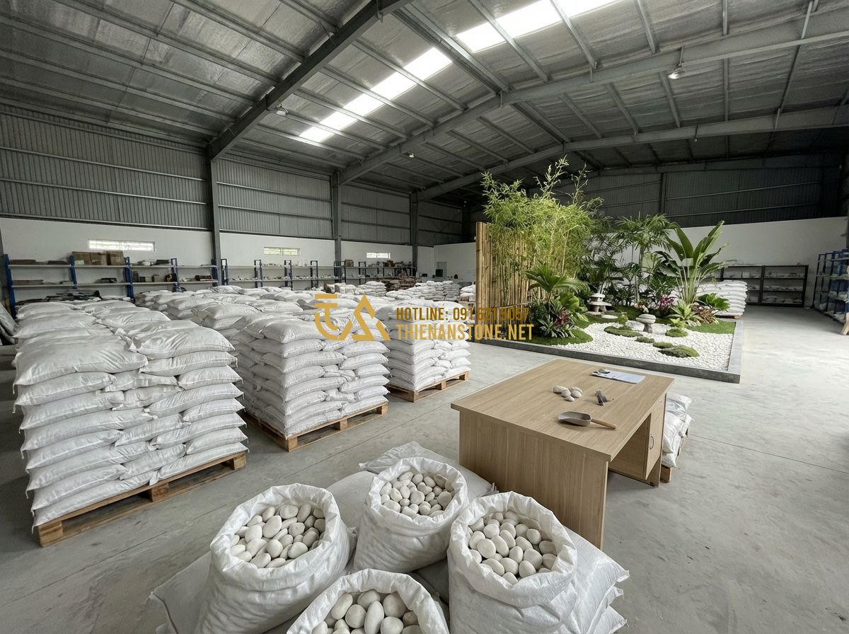 Nơi Mua Sỏi Trang Trí Uy Tín Giá Rẻ Tại Đà Nẵng Và Toàn Quốc - Hình 1 Nơi Mua Sỏi Trang Trí Uy Tín Giá Rẻ Tại Đà Nẵng Và Toàn Quốc - Tạo ảnh tiếng Anh: A professional landscape design photography showing a minimal