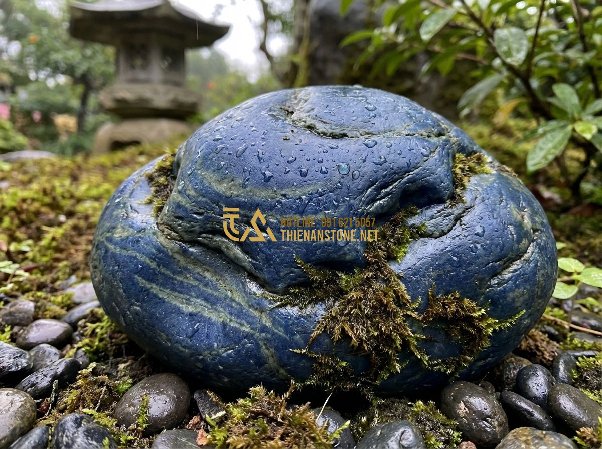 Phong Thủy Đá Xanh Nhật Bản: Mang Lại Bình An Và May Mắn Cho Gia Chủ - Hình 2 Phong Thủy Đá Xanh Nhật Bản: Mang Lại Bình An Và May Mắn Cho Gia Chủ - Tạo ảnh tiếng Anh: Close-up shot of a weathered blue Japanese stone showing intr