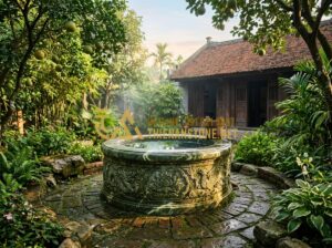 Phong thủy giếng đá sân vườn: Vị trí đặt giếng thu hút tài lộc và vượng khí - Tạo ảnh tiếng Anh: A serene traditional Vietnamese garden at dawn with a weather