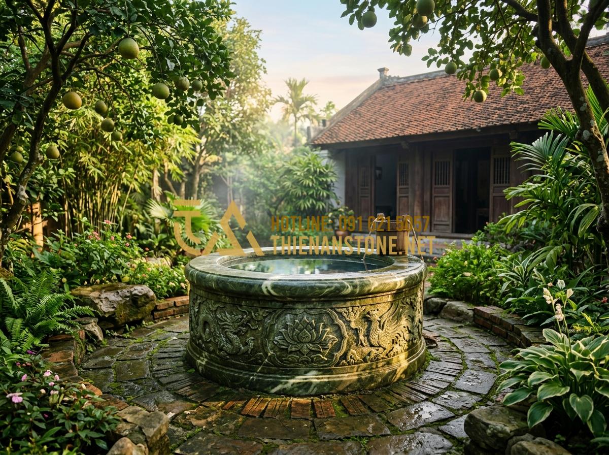 Phong thủy giếng đá sân vườn: Vị trí đặt giếng thu hút tài lộc và vượng khí - Tạo ảnh tiếng Anh: A serene traditional Vietnamese garden at dawn with a weather