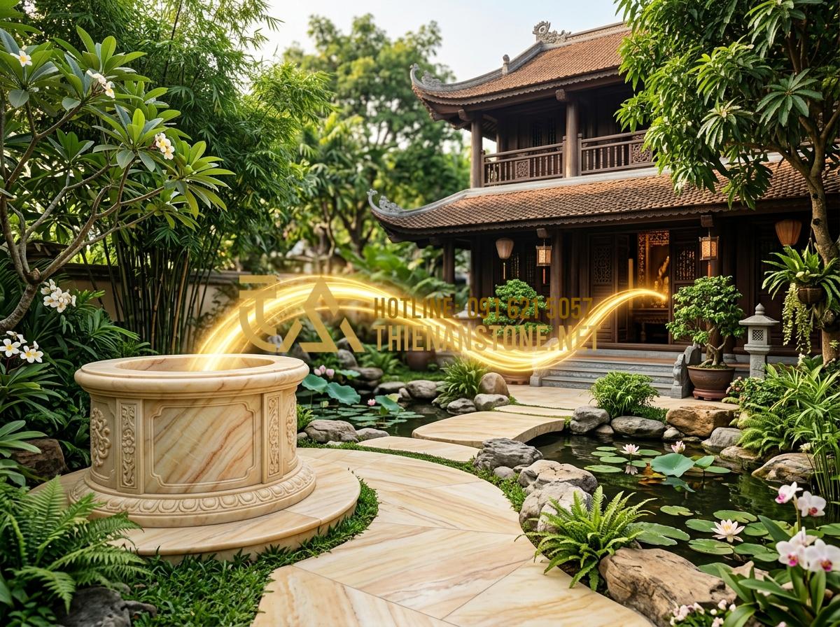 Phong thủy giếng đá sân vườn: Vị trí đặt giếng thu hút tài lộc và vượng khí - Tạo ảnh tiếng Anh: A detailed Feng Shui diagram visualization in a luxury garden